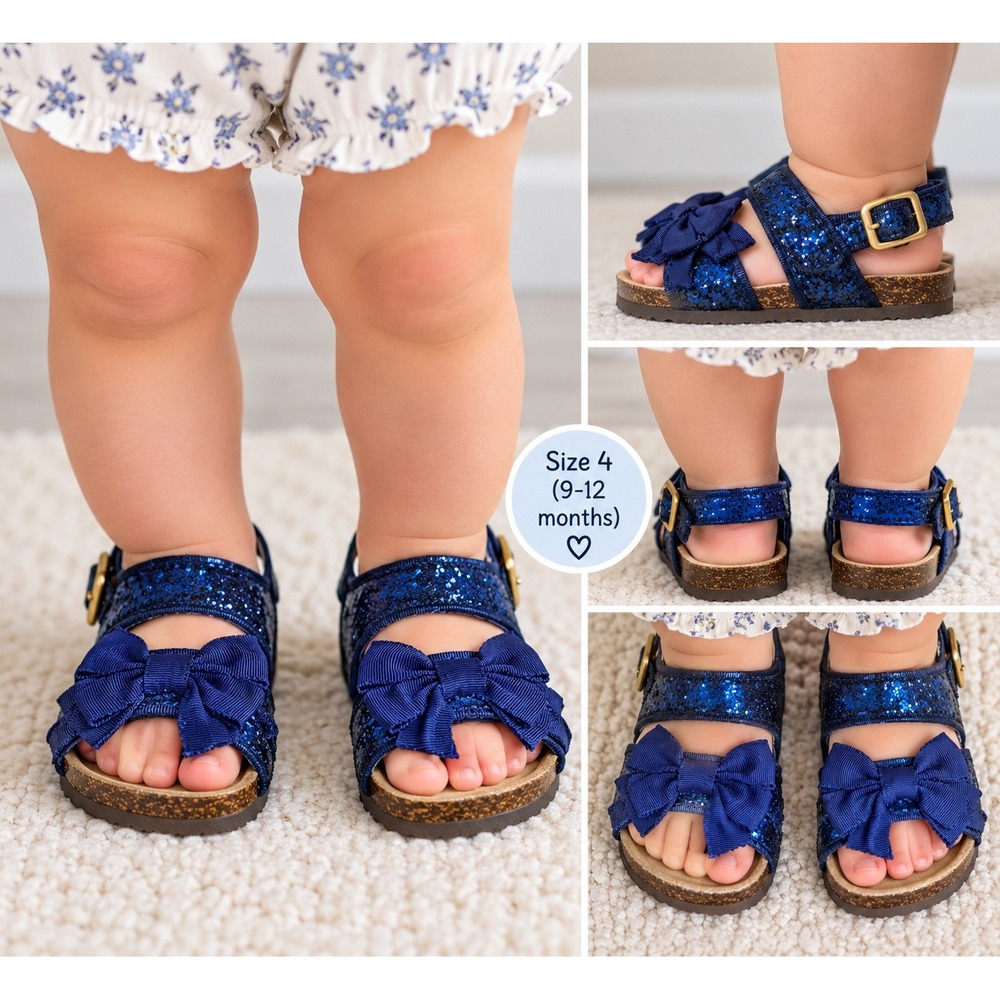 Joyfolie Girls Navy Blue Sparkle Bow Sandals Toddler Kids Size 4